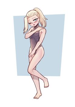 1girl aqua_eyes barefoot blonde_hair blue_background blush breasts covered_collarbone covered_erect_nipples covered_navel covering_breasts covering_privates embarrassed eyelashes female_focus full_body highres looking_at_viewer medium_hair mr-e naruto_(classic) naruto_(series) one-piece_swimsuit one_eye_closed open_mouth ponytail purple_one-piece_swimsuit simple_background small_breasts solo swimsuit toes transparent two-tone_background white_background yamanaka_ino