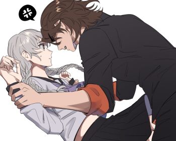 2boys angry arm_grab black_jacket blush braid brown_hair couple crossdressing crossdressing_(mtf) elulit2 gakuran grey_eyes grey_serafuku held_down hijiyama_takatoshi holding_another's_wrist jacket juusan_kihei_bouei_ken looking_at_another lying male_focus multiple_boys neckerchief okino_tsukasa on_back pinned purple_neckerchief push_down pushing restrained school_uniform scowl serafuku simple_background sleeves_rolled_up surprised trap twin_braids white_background white_hair wig yaoi
