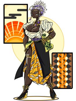 1girl absurdres bodypaint braid breasts curvy dark-skinned_female dark_skin dolores_(kof) dress female_focus glasses glasses_on_head gold green_eyes highres huge_breasts large_breasts long_hair multicolored_hair purple_hair round_eyewear skirt standing the_king_of_fighters thedrown1 thick_lips thick_thighs thighs two-tone_hair white_hair wide_hips