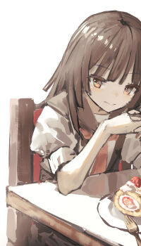 1girl absurdres bakemonogatari black_hair chair cokei commentary_request food highres long_hair monogatari_(series) own_hands_clasped own_hands_together sengoku_nadeko simple_background table white_background yellow_eyes