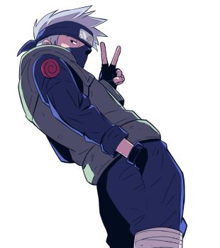 1boy black_eyes black_gloves black_pants black_shirt fingerless_gloves flak_jacket forehead_protector from_side gloves grey_hair hand_in_pocket hatake_kakashi jacket konohagakure_symbol long_sleeves looking_at_viewer male_focus naruto_(classic) naruto_(series) pants sameccor shirt short_hair solo v white_background