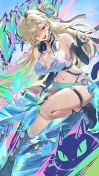 1girl absurdres aqua_sarong bare_shoulders bikini bikini_top_under_shirt bikini_under_clothes black_nails blonde_hair blue_bikini breasts can charm_(object) clang_bang_(wuthering_waves) cleavage collarbone commentary_request crop_top earrings fingernails gradient_hair green_hair hair_between_eyes hair_ornament headphones headphones_around_neck highres holding holding_can jewelry korean_commentary large_breasts long_hair looking_at_viewer lynae_(wuthering_waves) multicolored_hair nail_polish navel necklace netural one_eye_closed open_mouth purple_eyes sarong shirt skull_hair_ornament smile solo spray_can star_(symbol) star_earrings stomach swimsuit torn_clothes torn_shirt white_shirt wuthering_waves