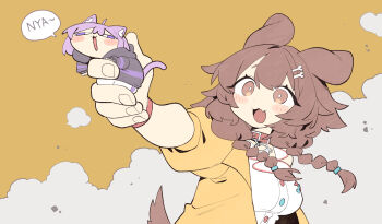 Rule 34 | ahoge, animal collar, animal ear fluff, animal ears, blush, bone hair ornament, braid, brown eyes, brown hair, brown tail, cartoon bone, cat ears, cat girl, cat tail, cocomayo29 (tomato), collar, commentary, dog ears, dog girl, dog tail, hair ornament, highres, hololive, hololive gamers, hood, hoodie, inugami korone, inugami korone (1st costume), jacket, low twin braids, nekomata okayu, nekomata okayu (1st costume), pants, purple tail, red collar, sweatpants, symbol-only commentary, tail, twin braids, virtual youtuber, wristband, yellow background, yellow jacket