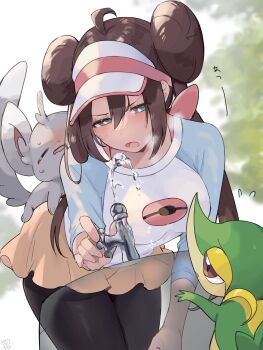 1girl bent_over black_pantyhose breasts breath bright_pupils brown_hair day donut_hair_bun double_bun drinking_fountain faucet flying_sweatdrops gen_5_pokemon green_eyes hair_bun half-closed_eyes highres hot medium_breasts minccino nintendo open_mouth outdoors pantyhose pokemon pokemon_(creature) pokemon_bw2 raglan_sleeves ririmon rosa_(pokemon) short_shorts shorts snivy sweat tongue twintails visor_cap water white_pupils yellow_shorts