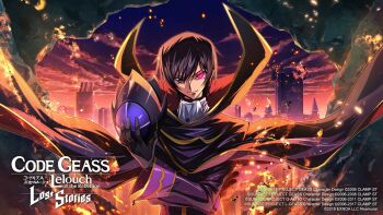 1boy ascot backlighting black_cape black_coat black_gloves black_hair black_helmet cape city closed_mouth cloud coat code_geass code_geass:_lost_stories commentary_request crossed_arms embers f4samurai fire geass gloves gold_trim gradient_sky hair_between_eyes hand_up happy helmet heterochromia high_collar highres holding holding_unworn_helmet hole_in_wall lelouch_vi_britannia long_sleeves male_focus night official_art orange_sky outdoors outline pink_eyes purple_eyes purple_sky short_hair sidelocks sky smile solo standing unworn_headwear unworn_helmet upper_body v-shaped_eyebrows white_ascot zero_(code_geass)