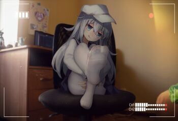 1girl :q animated animated_gif artist_name battery_indicator blue_eyes blue_sailor_collar blue_skirt blush chair closed_mouth commentary computer derivative_work desk feet female_focus fisheye foreshortening head_tilt hibiki_(kancolle) huge_filesize hugging_own_legs indoors kantai_collection kotani_nya laptop long_sleeves looking_at_viewer looping_animation mikhail_bersenyov ms ms_insanity no_shoes nose_blush pantyhose photo_background real_life_insert recording sailor_collar school_uniform see-through_clothes serafuku shirt silver_hair sitting skirt soles solo spread_toes toes tongue tongue_out tsubasa_tsubasa verniy_(kancolle) viewfinder white_pantyhose white_shirt window