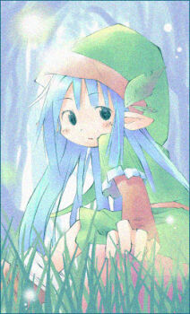 1girl archived_source asami_natsuhito bad_link belt blue_background blue_eyes blue_hair blush brown_belt brown_shoes brown_sleeves closed_mouth dot_nose elf expressionless film_grain forest grass green_eyes green_hat green_sleeves green_tunic hat hat_ornament layered_sleeves leaf leaf_hat_ornament light_particles long_hair long_sleeves loose_hair_strand lowres nature no_sclera original pointy_ears shoes short_over_long_sleeves short_sleeves sidelocks sitting solo straight_hair tree tunic