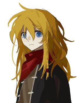 Rule 34 | 1boy, anonymous1203, black jacket, blonde hair, blue eyes, braid, brown shirt, closed mouth, epic battle fantasy, frown, highres, jacket, long hair, male focus, matt (epic battle fantasy), no headwear, portrait, shirt, side braid, sidelocks, simple background, white background
