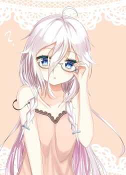 1girl ? adjusting_eyewear ahoge aties20 bespectacled blue_eyes blush braid camisole collarbone commentary_request glasses hair_between_eyes ia_(vocaloid) lace long_hair long_hair_between_eyes round_eyewear solo very_long_hair vocaloid white_hair yellow-framed_eyewear