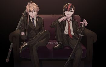 Rule 34 | 2girls, black gloves, black hair, black jacket, black pants, black shoes, black suit, black vest, blue necktie, braid, braided sidelock, brown eyes, brown hair, closed mouth, collared shirt, commentary request, couch, crossed legs, english text, formal clothes, gloves, gradient background, grey eyes, half gloves, holding, holding sword, holding weapon, inago akira, jacket, jouhou, katana, leg up, long hair, long sleeves, looking at viewer, multicolored hair, multiple girls, necktie, on couch, open clothes, open jacket, open mouth, pants, red hair, red necktie, sheath, sheathed, shidou maki (toji no miko), shirt, shoes, short hair, simple background, sitting, smile, streaked hair, suit, sword, toji no miko, vest, waistcoat, weapon, white shirt