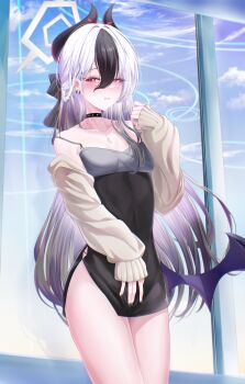 1girl absurdres bare_shoulders black_bow black_choker black_dress black_hair blue_archive blush bow breasts cardigan choker cleavage commentary demon_girl demon_horns demon_wings dress ear_piercing hair_behind_ear hair_between_eyes hair_bow half_updo halo highres horns kayoko_(blue_archive) kayoko_(dress)_(blue_archive) long_hair looking_at_viewer multicolored_hair official_alternate_costume official_alternate_hairstyle open_cardigan open_clothes parted_lips piercing red_eyes sidelocks single_wing sleeveless sleeveless_dress smile solo teru_minasu two-tone_hair white_hair white_halo wings yellow_cardigan