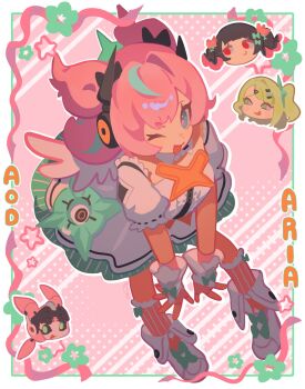 Rule 34 | 3girls, aqua hair, aqua streaks, aria (zenless zone zero), bent over, black hair, blue eyes, bow, bridal gauntlets, center frills, character name, closed mouth, colored inner hair, commentary, detached collar, dress, english commentary, fingerless gloves, frilled sleeves, frills, gloves, green bow, green eyes, green hair, hair bow, highres, humanoid robot, looking at viewer, mararu, multicolored hair, multiple girls, multiple hair bows, nangong yu, one eye closed, open mouth, pink background, pink bow, pink gloves, pink hair, ponytail, quad tails, red eyes, robot, robot girl, shoes, short twintails, star (symbol), streaked hair, sunna (zenless zone zero), twintails, white bridal gauntlets, white dress, white shoes, white wings, wings, zenless zone zero