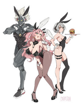 1boy 2girls abs absurdres anby_demara artist_name belt billy_kid black_leotard black_shoes black_thighhighs breasts cleavage commentary_request crossdressing expressionless green_eyes grey_hair hand_on_own_hip heart heart_necklace high_heels highres holding holding_tray humanoid_robot jewelry knees_together_feet_apart large_breasts leotard mole mole_on_breast mole_under_eye multiple_girls necklace nicole_demara orange_eyes pantyhose robot robot_boy shoes simple_background single_thighhigh smile thigh_belt thigh_strap thighhighs tray w white_background white_wrist_cuffs wrist_cuffs zenless_zone_zero zoeuw