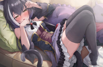 1girl absurdres animal_ears black_sleeves black_thighhighs cat_ears cat_girl cat_tail commentary commission detached_sleeves english_commentary green_eyes highres jeon_(user_ywaw3774) karyl_(princess_connect!) looking_at_viewer lying multicolored_hair on_back pillow pixiv_commission princess_connect! purple_skirt skirt solo streaked_hair tail thighhighs white_hair