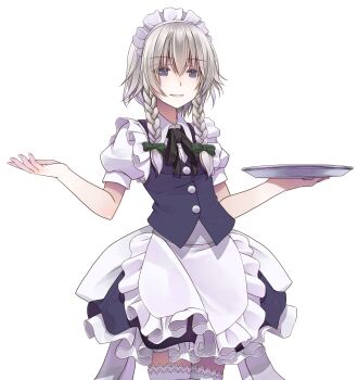 1girl apron black_ribbon blue_eyes blue_skirt blue_vest bow braid braided_sidelocks buttons collared_shirt commentary_request cowboy_shot crote frilled_apron frills green_bow grey_hair hair_between_eyes hair_bow hair_ribbon hands_up highres holding holding_tray izayoi_sakuya large_variant_set layered_skirt maid_apron maid_headdress medium_skirt parted_lips puffy_short_sleeves puffy_sleeves ribbon shirt short_hair short_sleeves skirt sleeve_cuffs smile solo standing tachi-e thighhighs touhou transparent_background tray twin_braids variant_set vest white_apron white_headdress white_shirt white_thighhighs wing_collar