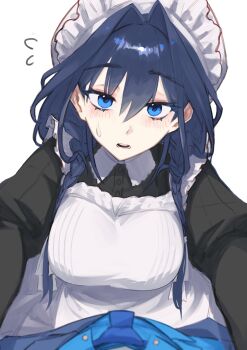 2girls absurdres apron black_shirt blue_eyes blue_hair blush braid breasts collar dual_persona female_pov hashtag-only_commentary highres hololive hololive_english huge_breasts hunk_404 long_sleeves looking_at_viewer maid maid_apron maid_headdress multiple_girls nervous_sweating ouro_kronii ouro_kronii_(4th_costume) ouro_kronii_(maid) pov puffy_sleeves selfcest shirt sweat sweatdrop twin_braids white_collar yuri