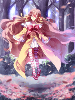 Rule 34 | 1girl, absurdly long hair, brown hair, donna (hoshi wo miru hito), dress, frilled sleeves, frills, hair ribbon, hoshi wo miru hito, long hair, long sleeves, orange dress, red eyes, ribbon, solo, stargazer (series), striped clothes, striped legwear, striped thighhighs, sunakumo, thighhighs, very long hair, wide sleeves