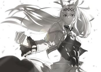 1girl abs absurdres ahoge animal_ears breasts brooch cleavage closed_mouth clothing_cutout commentary_request cropped_jacket greyscale hair_between_eyes hair_ornament hair_ribbon highres hip_vent horse_ears horse_girl jacket jewelry leotard long_hair long_sleeves monochrome neckerchief official_alternate_costume oguri_cap_(cinderella_gray)_(umamusume) oguri_cap_(umamusume) ponytail ribbon senchan_7 shorts simple_background smile solo star_brooch tail umamusume umamusume:_cinderella_gray waist_cape