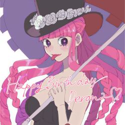 Rule 34 | 1girl, blunt bangs, braid, character name, commentary request, dress, drill hair, eyelashes, flower, happy birthday, hat, heart, holding, holding umbrella, long hair, looking to the side, nicoliarts, one piece, perona, pink hair, rose, sidelocks, simple background, solo, strapless, strapless dress, tongue, tongue out, top hat, umbrella, white background, white flower, white rose