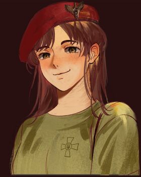 Rule 34 | 1girl, absurdres, beret, blush, brown hair, closed mouth, commission, commissioner upload, green eyes, green shirt, hat, highres, long hair, looking at viewer, non-web source, original, red hat, russo-ukrainian war, sasha shoshnikova, shirt, simple background, smile, solo, tryzub, ukrainian vdv, upper body, usergore