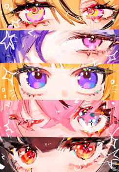 +_+ 5girls @_@ aria_(human)_(zenless_zone_zero) aria_(zenless_zone_zero) black_hair blonde_hair blue_eyes close-up column_lineup commentary_request crossed_bangs hair_between_eyes hair_over_one_eye highres multiple_girls nangong_yu norma_hollowell one_eye_closed pink_eyes pink_hair pof_h0 promeia_(zenless_zone_zero) purple_eyes purple_hair red_eyes star_(symbol) yidhari_murphy zenless_zone_zero