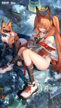 1girl animal_ears black_socks chinese_commentary closed_mouth commentary_request cropped cropped_jacket fake_animal_ears fox fox_ears goddess_of_victory:_nikke highres holographic_interface jacket knees_together_feet_apart long_hair long_sleeves map mechanical_ears non-humanoid_robot official_art orange_hair robot robot_animal see-through_clothes see-through_jacket shoes shrine sitting socks solo twintails very_long_hair white_shoes yingning_(nikke)