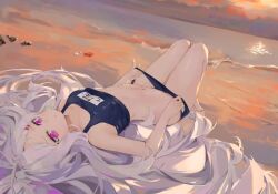 1girl :< animated bare_arms bare_legs bare_pectorals bare_shoulders barefoot beach bikini bikini_bottom_lift bikini_pull black_bikini blue_archive blue_bikini breasts clothes_pull dema_hmw feet female_focus from_behind from_side hair_ornament halo hina_(blue_archive) hina_(swimsuit)_(blue_archive) knees_up legs loli long_hair looking_at_viewer looking_back lying music navel no_shoes no_socks nontraditional_school_swimsuit ocean on_back on_ground pectorals pulling_own_clothes purple_eyes school_swimsuit small_breasts solo sound sparkle starfish stomach sunlight swimsuit thighs undressing very_long_hair video water wet wet_clothes wet_swimsuit white_hair
