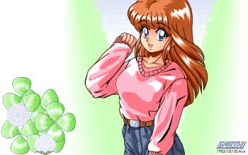 Rule 34 | 1girl, :d, artist logo, belt, blue eyes, blue pants, breasts, brown belt, brown hair, clover, collarbone, commentary request, cowboy shot, dated, dated commentary, denim, dithering, earth (earth cg gallery), gradient background, green background, hand up, logo, long hair, looking at viewer, medium breasts, open mouth, original, pants, pc-98 (style), pink sweater, pixel art, shamrock, sidelocks, sleeves past fingers, sleeves past wrists, smile, solo, standing, sweater