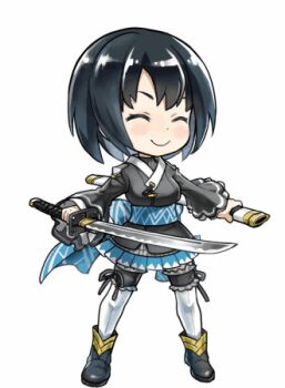 1girl animated animated_gif ankle_boots bell_sleeves black_hair blue_skirt bob_cut boots chibi closed_mouth frilled_thighhighs frills fukube full_body holding holding_sword holding_weapon idle_animation japanese_clothes kashuu_kiyomitsu_(tenka_hyakken) katana lowres obi_bow scabbard sheath skirt smile sword tenka_hyakken thighhighs v-shaped_eyebrows weapon