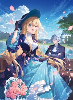 1boy 1girl arm_up black_gloves blonde_hair blue_eyes blue_hat boat bouquet breasts castle choker cleavage cloud cloudy_sky coat commentary_request coyucom crossed_arms dress earrings floral_print flower frilled_choker frilled_dress frills gloves grey_hair hat highres jewelry large_breasts looking_at_viewer official_art open_mouth original overcoat purple_eyes sitting sky smile striped_clothes striped_dress vertical-striped_clothes vertical-striped_dress watercraft white_choker wide_sleeves