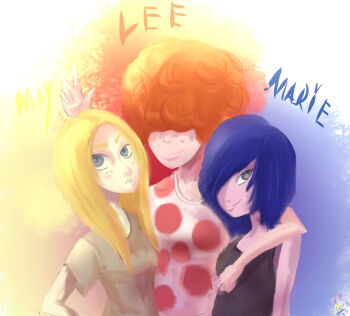 3girls belt black_tank_top blonde_hair blue_eyes blue_hair cartoon_network curly_hair ed_edd_n_eddy grey_eyes hug marie_kanker matthewlok multiple_girls orange_hair polka_dot polka_dot_shirt shirt siblings simple_background sisters smile tank_top v