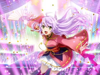 1girl ahoge confetti floating_hair flower folded_fan folding_fan game_cg hair_flower hair_ornament hand_fan holding holding_fan japanese_clothes kimono long_hair long_sleeves looking_at_viewer obi official_art open_mouth otonashi_ichie outstretched_arms purple_hair red_kimono sash shoujo_kageki_revue_starlight shoujo_kageki_revue_starlight_-re_live- skirt skirt_under_kimono solo stage_lights upper_body white_skirt wide_sleeves yellow_eyes