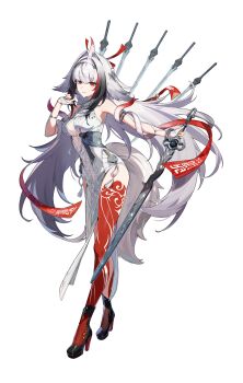 1girl absurdres bad_source bare_shoulders black_hair breasts brown_hair china_dress chinese_clothes dress full_body hair_ornament hairband hand_up high_heels highres holding holding_sword holding_weapon long_hair looking_at_viewer multicolored_hair official_art parted_lips red_eyes red_hair simple_background sleeveless sleeveless_dress smile solo standing streaked_hair sword tail tattoo thighs transparent_background very_long_hair weapon white_dress white_hair white_hairband ye_shunguang zenless_zone_zero
