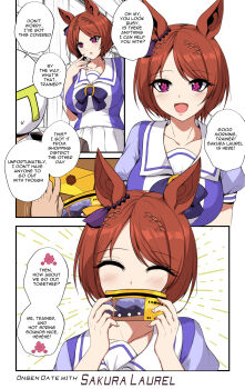 1boy 1girl animal_ears blush bow breasts brown_hair clip_studio_paint_(medium) closed_eyes highres holding holding_ticket horse_ears horse_girl large_breasts open_mouth purple_bow purple_eyes purple_shirt sailor_collar sakura_laurel_(umamusume) school_uniform sheita shirt short_hair ticket tracen_school_uniform trainer_(umamusume) umamusume white_sailor_collar