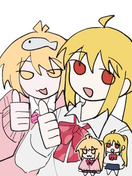 2girls ahoge akita_neru antenna_hair blonde_hair bocchi_the_rock! chibi citrus_(ccitrus0) fish highres ijichi_nijika multiple_girls red_eyes school_uniform side_ponytail vocaloid yellow_eyes zako_(vocaloid)