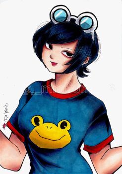 1girl black_eyes blue_hair blue_shirt bob_cut eyewear_on_head frog highres looking_at_viewer may_lee mmgum no_pupils open_mouth print_shirt red_trim shirt short_hair simple_background smile solo sunglasses t-shirt the_king_of_fighters upper_body w_arms white-framed_eyewear white_background