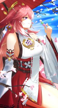 1girl absurdres animal_ears bare_shoulders breasts cherry_blossoms commentary_request detached_sleeves eiryu33 floppy_ears fox_ears from_side genshin_impact gold_trim highres holding holding_umbrella large_breasts long_hair long_sleeves nontraditional_miko oil-paper_umbrella pink_hair purple_eyes red_umbrella sideboob solo umbrella very_long_hair wide_sleeves yae_miko