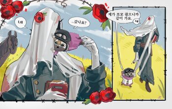 1boy 1girl black_horse blue_coat boots brown_boots charon_(reverse:1999) chibi chibi_inset coat covering_face flower gloves grass holding holding_notebook korean_text merel_(reverse:1999) mini_person minigirl notebook poppy_(flower) red_flower reverse:1999 speech_bubble taigarendez translation_request veil walking white_gloves white_veil