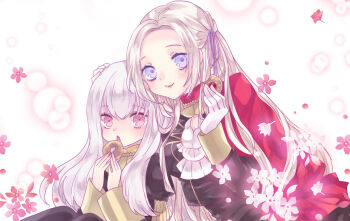 2girls breasts cape commentary_request donut eating edelgard_von_hresvelg fire_emblem fire_emblem:_three_houses flower food garreg_mach_monastery_uniform gloves hair_ribbon hand_on_another's_head hands_up holding holding_donut holding_food lysithea_von_ordelia medium_breasts multiple_girls nintendo pink_eyes ponac purple_eyes purple_ribbon red_cape red_flower ribbon side_cape white_background white_gloves white_hair