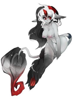 Rule 34 | 1girl, bad id, bad tumblr id, black hair, breasts, cleavage, colored skin, dark nipples, eyelashes, female focus, grey skin, highres, hooves, horns, large breasts, long hair, monster girl, multicolored hair, navel, nipples, nude, original, pear-shaped figure, red eyes, red hair, single horn, slugbox, solo, tail, v arms, white background, white hair