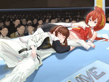 2girls audience catfight dead_or_alive hitomi_(doa) karate miyazawa_erena multiple_girls peeing ryona scissorhold sekai_de_ichiban_tsuyoku_naritai! strangling wrestling wrestling_ring zyaki