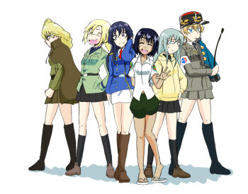 Rule 34 | 6+girls, arm behind back, armband, asparagus (girls und panzer), aung (girls und panzer), bc freedom (emblem), bc freedom military uniform, belt, black footwear, black hair, black skirt, blonde hair, blue eyes, blue jacket, bonple military uniform, boots, braid, brown footwear, brown jacket, capelet, closed eyes, clothes around waist, commentary request, dark-skinned female, dark skin, eclair (girls und panzer), emblem, facepaint, facial mark, flip-flops, fourragere, girls und panzer, girls und panzer gekitou! maginot-sen desu!!, girls und panzer little army, girls und panzer ribbon no musha, glasses, green hair, green jacket, grey jacket, grey skirt, hair bun, hand in own hair, hands in pockets, hands on own hips, hat, hood, hoodie, jacket, jacket around waist, jajka (girls und panzer), kepi, knee boots, kneehighs, laughing, loafers, long hair, long sleeves, maginot military uniform, matsumoto (matsumoto kougyou), military, military hat, military uniform, miniskirt, multiple girls, necktie, pelisse, pleated skirt, ponytail, puffy shorts, riding crop, sandals, sheska (girls und panzer), shirt, shoes, short hair, shorts, simple background, single braid, single hair bun, skirt, socks, sweatdrop, tategoto military uniform, waving, white background, white shirt, white skirt, yoshinaga jinko