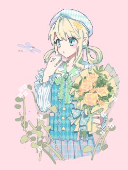 1girl :o agent_pp aqua_eyes argyle_clothes argyle_hat argyle_vest beret blonde_hair blue_skirt blue_vest bouquet bow bowtie bug buttons collarbone collared_shirt cropped_legs dragonfly earrings eyelashes flower frilled_sleeves frills green_bow green_bowtie hair_bun hair_flower hair_ornament hair_rings hand_on_own_chin hat highres holding holding_bouquet infinity_nikki insect jewelry lace-trimmed_bowtie light_blush long_sleeves looking_at_animal medium_hair nikki_(series) open_mouth pink_background plaid_clothes plaid_skirt pleated_skirt pocket puffy_long_sleeves puffy_sleeves rose shirt sidelocks simple_background single_hair_bun skirt solo striped_bow striped_bowtie striped_clothes stud_earrings stylist_(nikki) unmoving_pattern vertical-striped_sleeves vest wavy_hair white_hat white_shirt yellow_flower yellow_rose