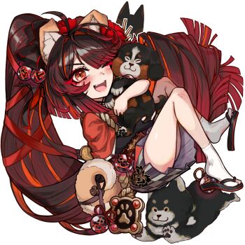 Rule 34 | 1girl, ahoge, animal ears, blush, brown hair, checkered clothes, checkered skirt, discat, dog, dog ears, fate/grand order, fate (series), floral print, flower, grey skirt, hair flower, hair ornament, hair ribbon, highres, japanese clothes, kimono, kyokutei bakin (fate), long hair, long sleeves, looking at viewer, multicolored kimono, one eye closed, open mouth, ponytail, red eyes, red kimono, red ribbon, ribbon, rope, sandals, sash, shino (fate), skirt, smile, socks, sousuke (fate), textless version, very long hair, white socks, wide sleeves