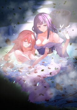 2girls absurdres animal_ears armpits bare_shoulders blunt_bangs blurry blurry_background breasts bucket chenghuzongsi cleavage closed_mouth collarbone commentary_request couple crystalfly_(genshin_impact) eyeliner falling_leaves floating fox_ears fox_girl fox_tail bad_tag genshin_impact head_tilt highres huge_breasts japanese_clothes kimono large_breasts leaf leaning_on_person leaning_to_the_side light_particles long_hair long_sleeves looking_at_viewer looking_to_the_side makeup multiple_girls nude off_shoulder onsen outdoors pink_hair pink_lips purple_eyes purple_hair raiden_shogun red_eyeliner smile steam sunlight tail teeth water wet wide_sleeves yae_miko yukata yuri