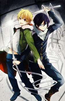 2boys bandages blonde_hair blue_eyes dual_wielding green_jacket holding holding_sword holding_weapon jacket katana male_focus midriff midriff_peek multiple_boys noragami orange_hair purple_hair scarf shirt short_hair sword takerusilt track_suit weapon white_scarf white_shirt yato_(noragami) yukine_(noragami)