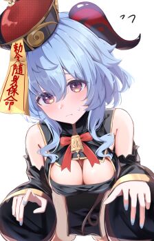 1girl absurdres bare_shoulders bell blue_hair blue_nails breasts cleavage cleavage_cutout clothing_cutout detached_sleeves ganyu_(genshin_impact) genshin_impact goat_horns hair_between_eyes hat highres horns jiangshi jiangshi_costume long_hair looking_at_viewer medium_breasts moni_(moni7475) nail_polish neck_bell ofuda ofuda_on_head purple_eyes qingdai_guanmao red_ribbon ribbon simple_background solo upper_body white_background wide_sleeves