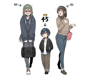 3boys bag blue_hair blue_pants closed_eyes commentary_request denim flustered glasses green_hair hand_on_own_chest hands_in_pockets height_difference highres holding holding_bag hood hoodie in_(ain) jacket jeans korean_commentary mature_male multiple_boys open_mouth original pants shoes shy sleepy sneakers sweater