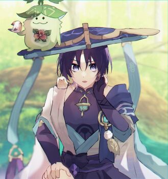 Rule 34 | 1boy, :p, anemo symbol (genshin impact), animal, animal on shoulder, aranara (genshin impact), armor, belt, bird, bird on hand, bird on shoulder, black belt, black bodysuit, black bow, black bridal gauntlets, black gloves, black shorts, blue cape, blue gem, blue kimono, blue sleeves, blunt ends, blurry, blurry background, bodysuit, bow, bridal gauntlets, cape, choppy bangs, commentary request, creature on head, elbow gloves, eyeliner, feathers, finch, fingerless gloves, fingernails, furisode, gem, genshin impact, gloves, gold, hand on own face, hand on own knee, hat, japanese armor, japanese clothes, jingasa, juban, kimono, kote, kurokote, layered sleeves, looking at viewer, makeup, male focus, open clothes, open kimono, outdoors, plant roots, pom pom (clothes), purple eyes, purple hair, purple hat, purple pupils, purple rope, purple sash, raised eyebrow, red eyeliner, rope, sash, scaramouche (genshin impact), short sleeves, shorts, shoulder peek, single bridal gauntlet, single glove, solo, straight-on, tongue, tongue out, vision (genshin impact), wanderer (genshin impact), white kimono, white sleeves, yellow feathers, zkym78