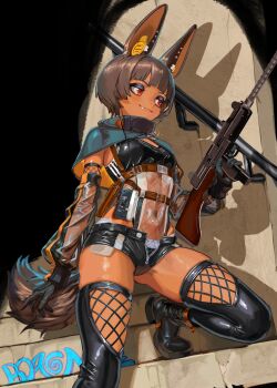 Rule 34 | 1girl, :3, absurdres, animal ear piercing, animal ears, black boots, black capelet, black eyeshadow, black gloves, black shorts, black sports bra, blunt bangs, boagnnnnnnn, boots, breasts, brown hair, brown tail, capelet, closed mouth, commentary, commission, dark-skinned female, dark skin, detached sleeves, earphones, english commentary, exposed pocket, eyeshadow, fang, fang out, fishnets, foot out of frame, fox ears, fox girl, fox tail, gloves, gluteal fold, graffiti, gun, highres, holding, holding gun, holding weapon, holster, leather shorts, looking to the side, makeup, micro shorts, navel, on one knee, open fly, original, panties, panty peek, red eyes, see-through clothes, see-through sleeves, shadow, short hair, shorts, shoulder holster, sideways glance, small breasts, smile, solo, sports bra, stairs, submachine gun, tail, thigh boots, trigger discipline, two-sided capelet, two-tone capelet, underwear, uzi, walkman, weapon, yellow capelet, zipper, zipper pull tab